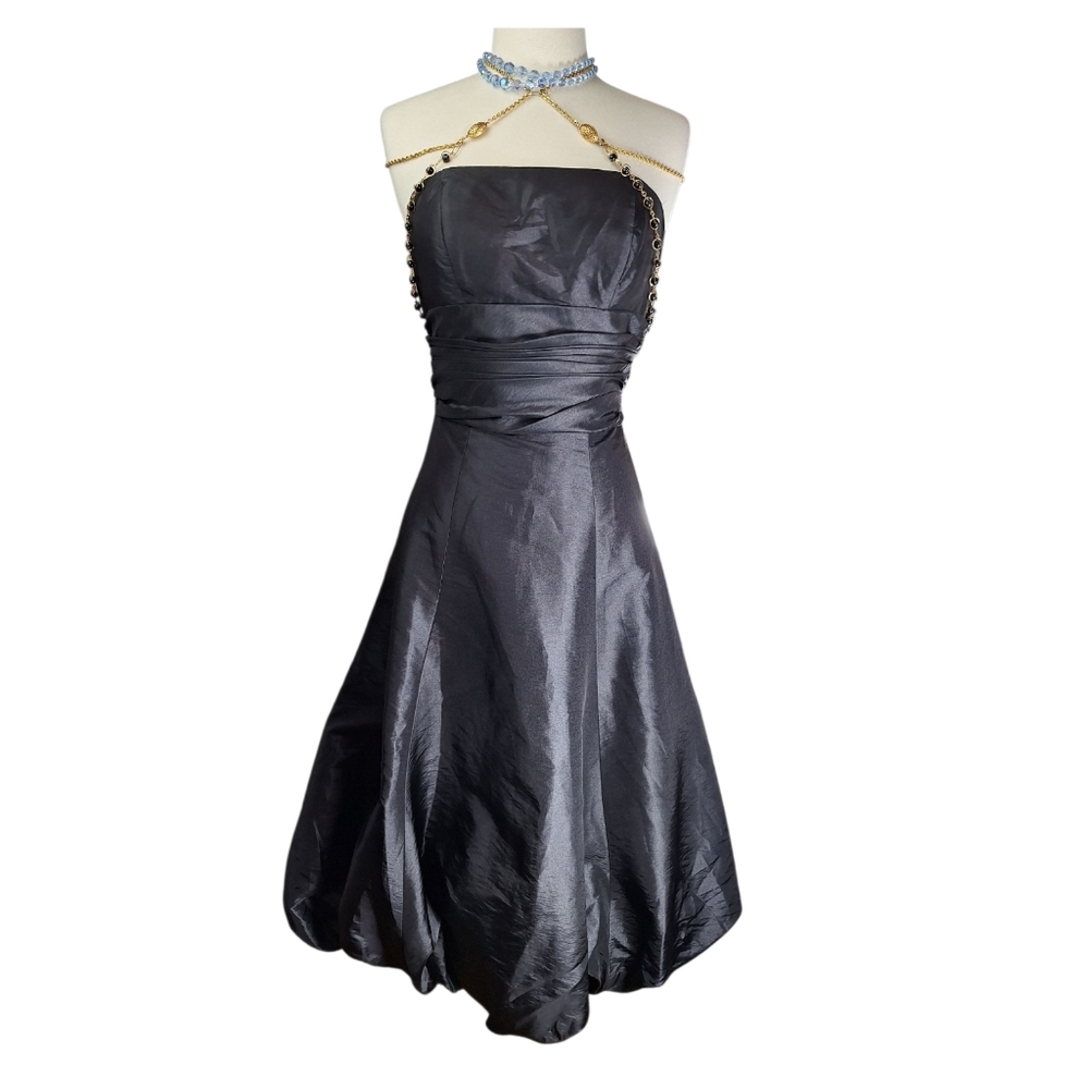 Bill Levkoff Strapless Bubble Hem Midi Dress Womens XS Small Black Taffeta Boho